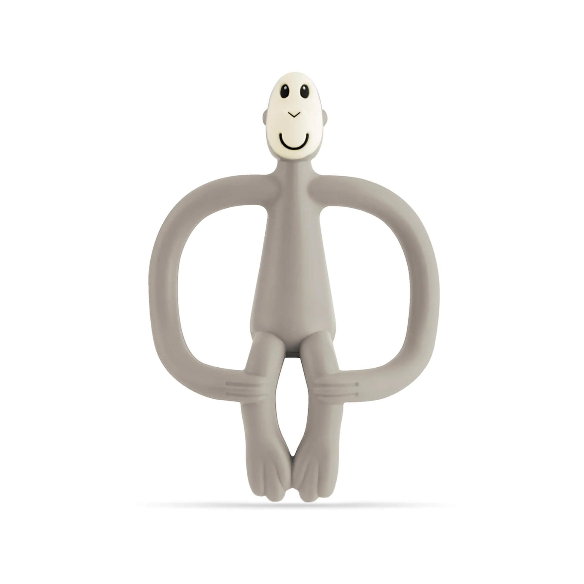 Grey Matchstick Monkey Original Teething Toy shown upright with its wide looped arms, soft flexible legs and smooth rounded head, all made from textured silicone for teething babies.
