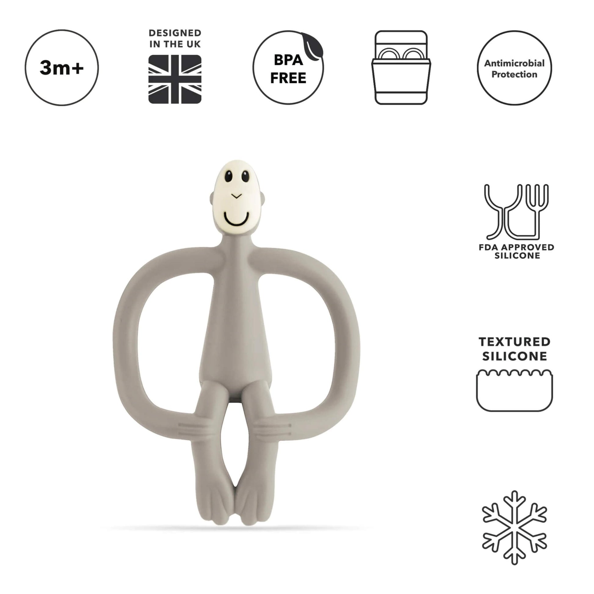 A grey silicone monkey-shaped teether shown upright beneath icons highlighting age suitability, BPA-free material, dishwasher compatibility, antimicrobial protection and textured silicone details.