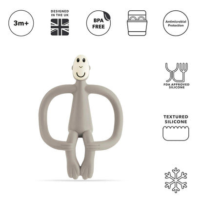 A grey silicone monkey-shaped teether shown upright beneath icons highlighting age suitability, BPA-free material, dishwasher compatibility, antimicrobial protection and textured silicone details.