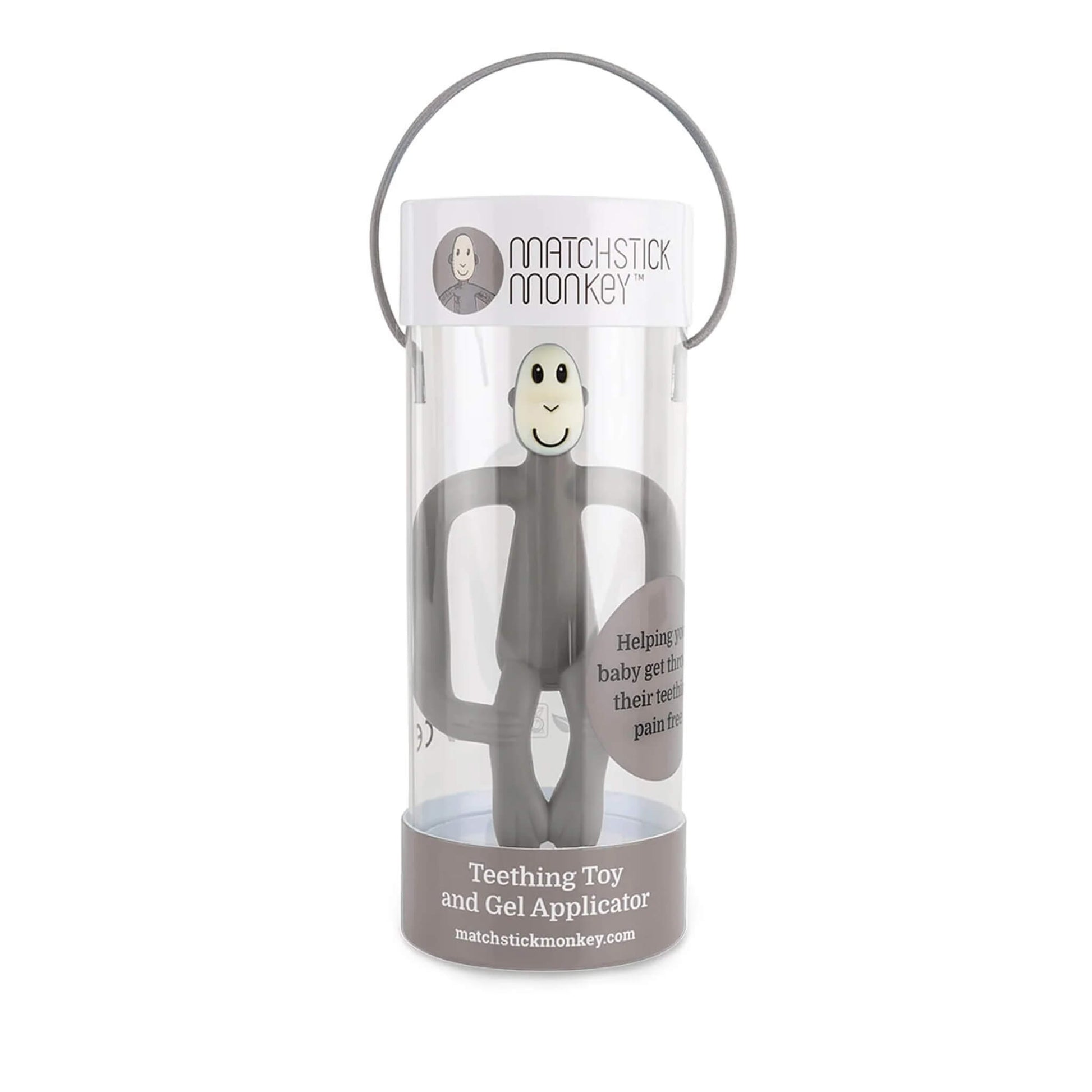 A grey monkey-shaped teething toy packaged vertically inside a clear cylindrical gift tube with a handle.