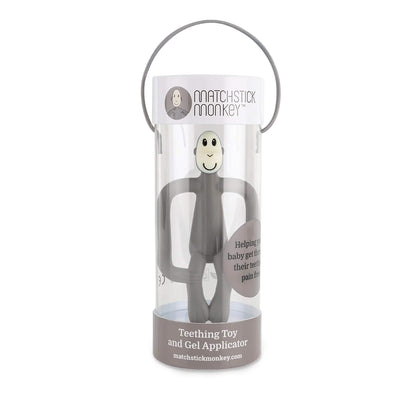 A grey monkey-shaped teething toy packaged vertically inside a clear cylindrical gift tube with a handle.