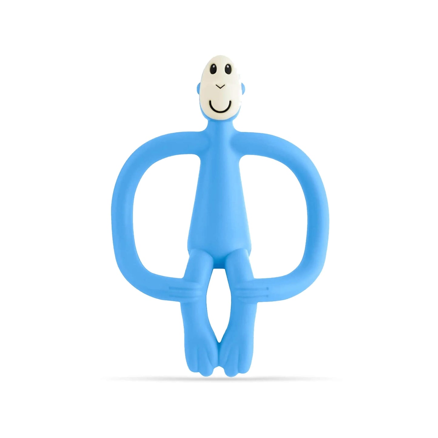 Light blue Matchstick Monkey Original Teething Toy shown upright with its wide looped arms, soft flexible legs and smooth rounded head, all made from textured silicone for teething babies.
