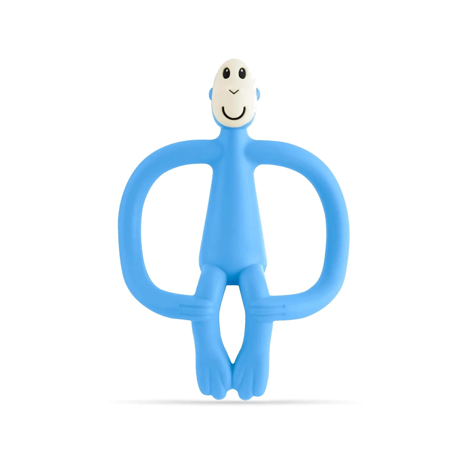 Light blue Matchstick Monkey Original Teething Toy shown upright with its wide looped arms, soft flexible legs and smooth rounded head, all made from textured silicone for teething babies.