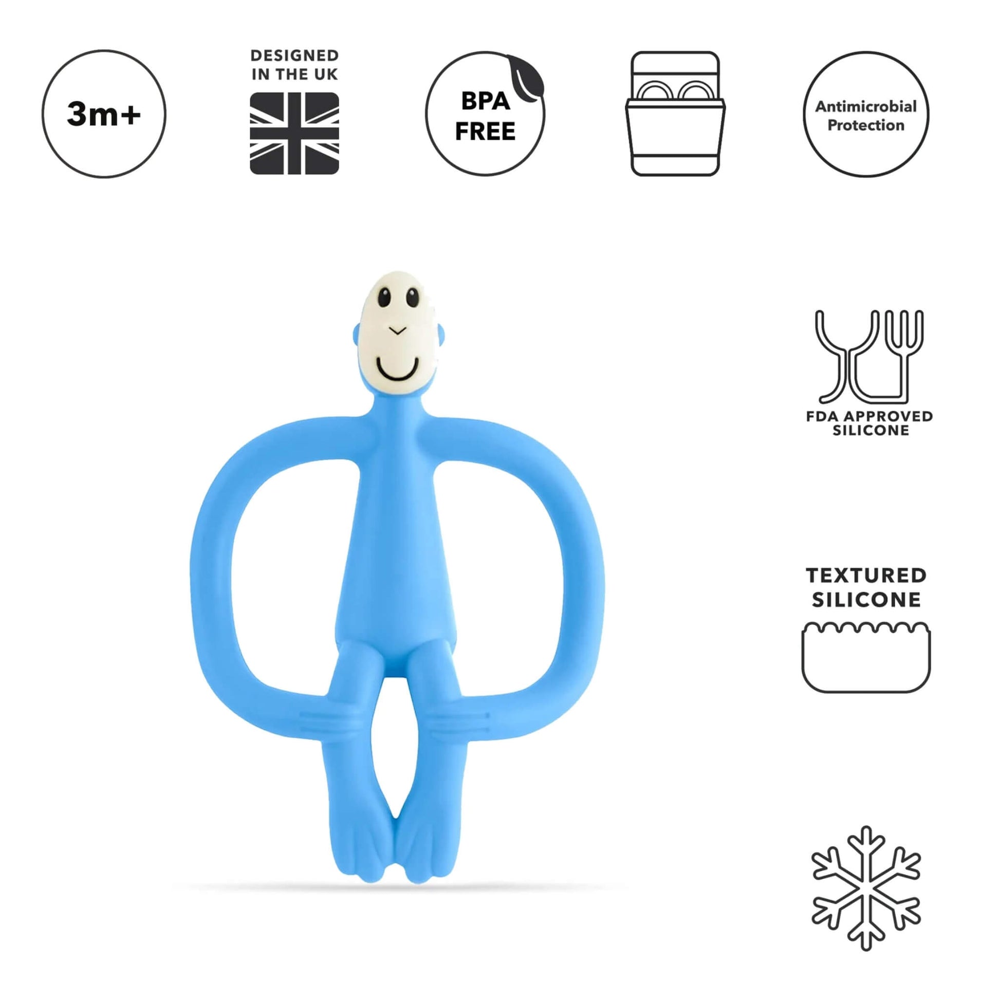 A blue silicone monkey-shaped teether shown upright beneath icons highlighting age suitability, BPA-free material, dishwasher compatibility, antimicrobial protection and textured silicone details.