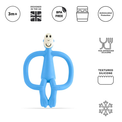 A blue silicone monkey-shaped teether shown upright beneath icons highlighting age suitability, BPA-free material, dishwasher compatibility, antimicrobial protection and textured silicone details.