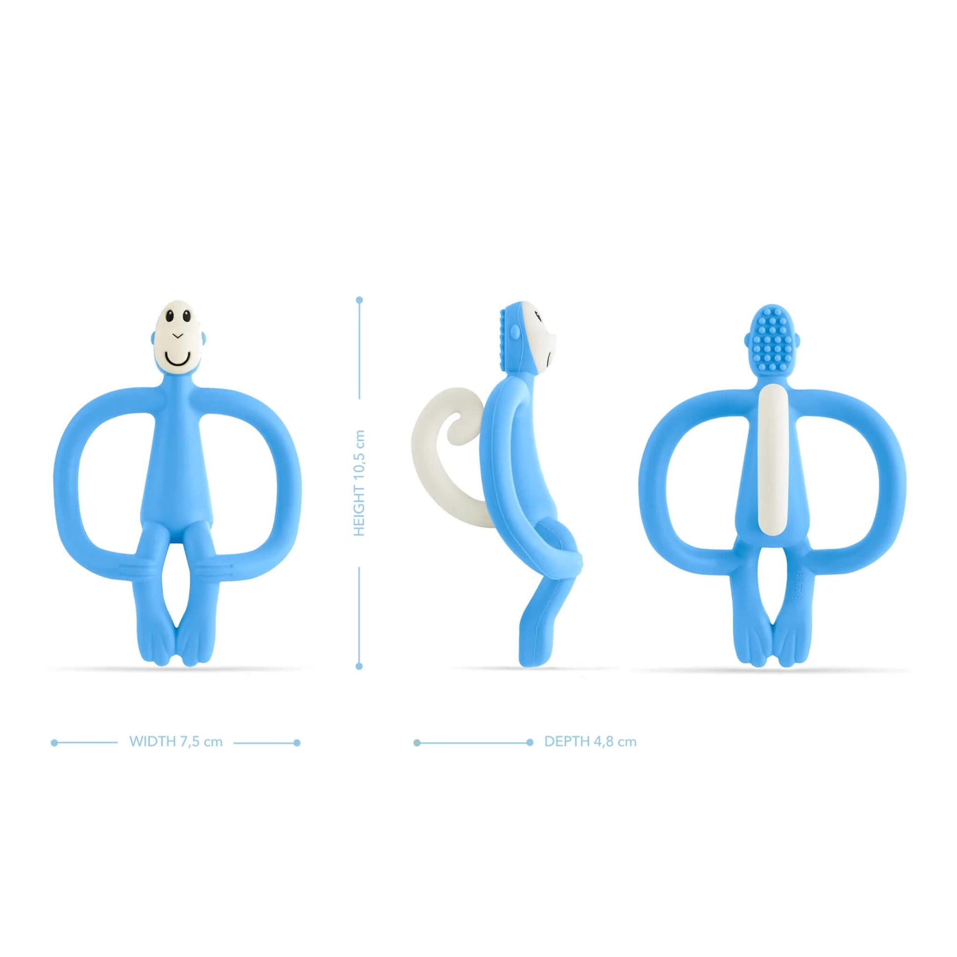 A blue monkey-shaped teething toy displayed from the front, side and back to show height, width, depth and the textured toothbrush-style bumps on the back of the head.