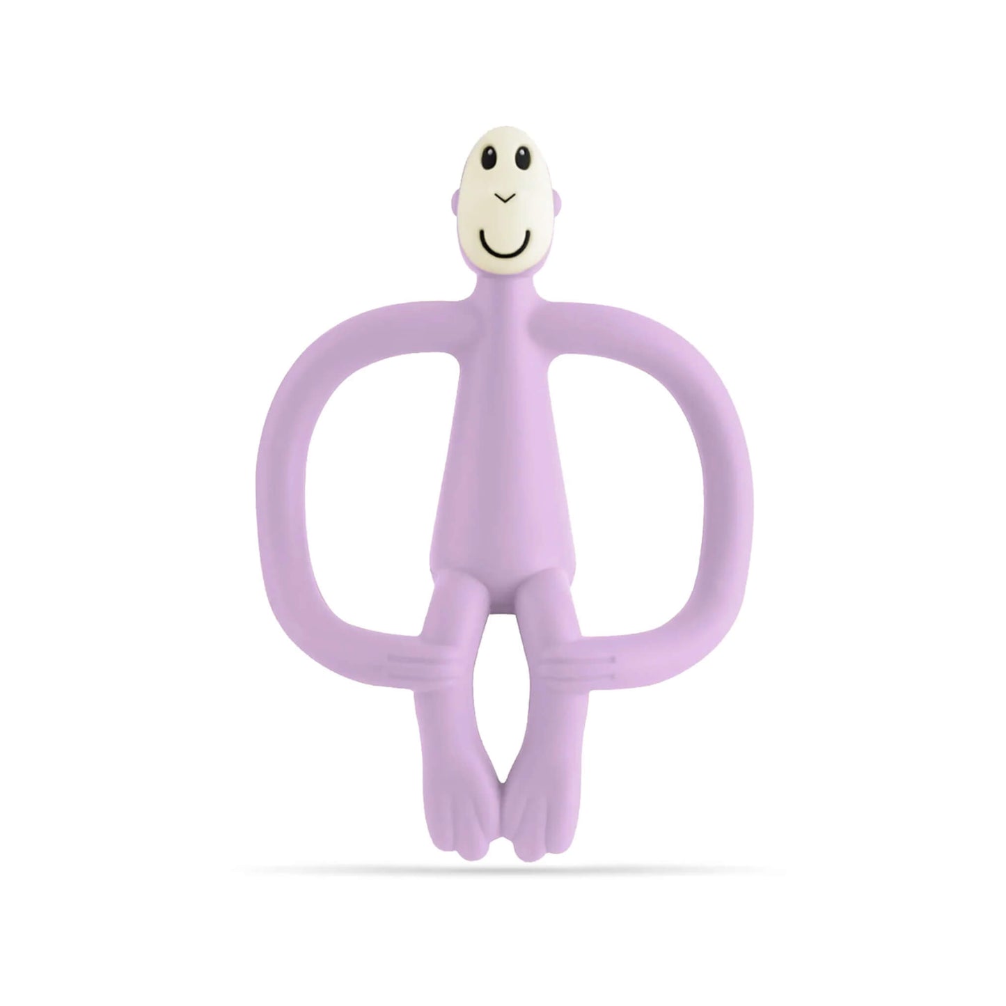 Matchstick Monkey Original Teething Toy in lilac shown upright with flexible silicone arms, textured head and curved tail, photographed on a plain background.