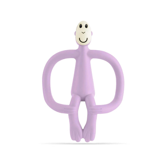 Matchstick Monkey Original Teething Toy in lilac shown upright with flexible silicone arms, textured head and curved tail, photographed on a plain background.