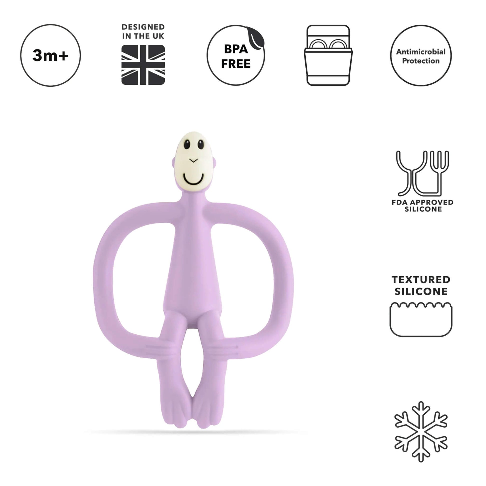 A lilac silicone monkey-shaped teething toy shown beneath icons for age suitability, BPA-free material, dishwasher safety, antimicrobial protection, FDA-approved silicone and textured surfaces.