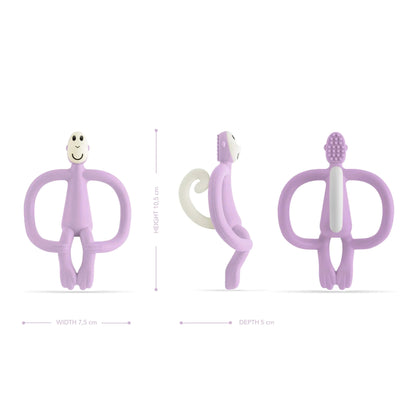 A lilac monkey-shaped teether shown from the front, side and back with measurements illustrating height, width and depth.