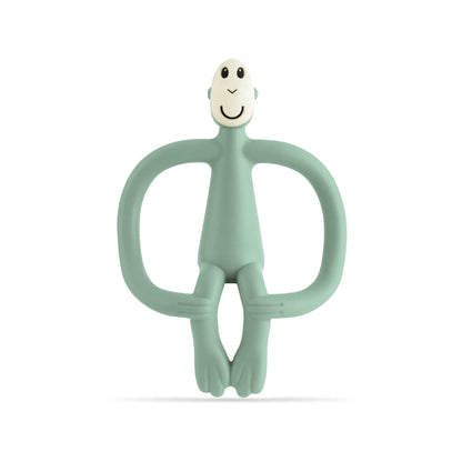 Mint green Matchstick Monkey Original Teething Toy shown upright with its wide looped arms, soft flexible legs and smooth rounded head, all made from textured silicone for teething babies.
