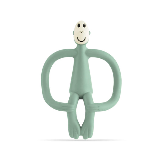 Mint green Matchstick Monkey Original Teething Toy shown upright with its wide looped arms, soft flexible legs and smooth rounded head, all made from textured silicone for teething babies.