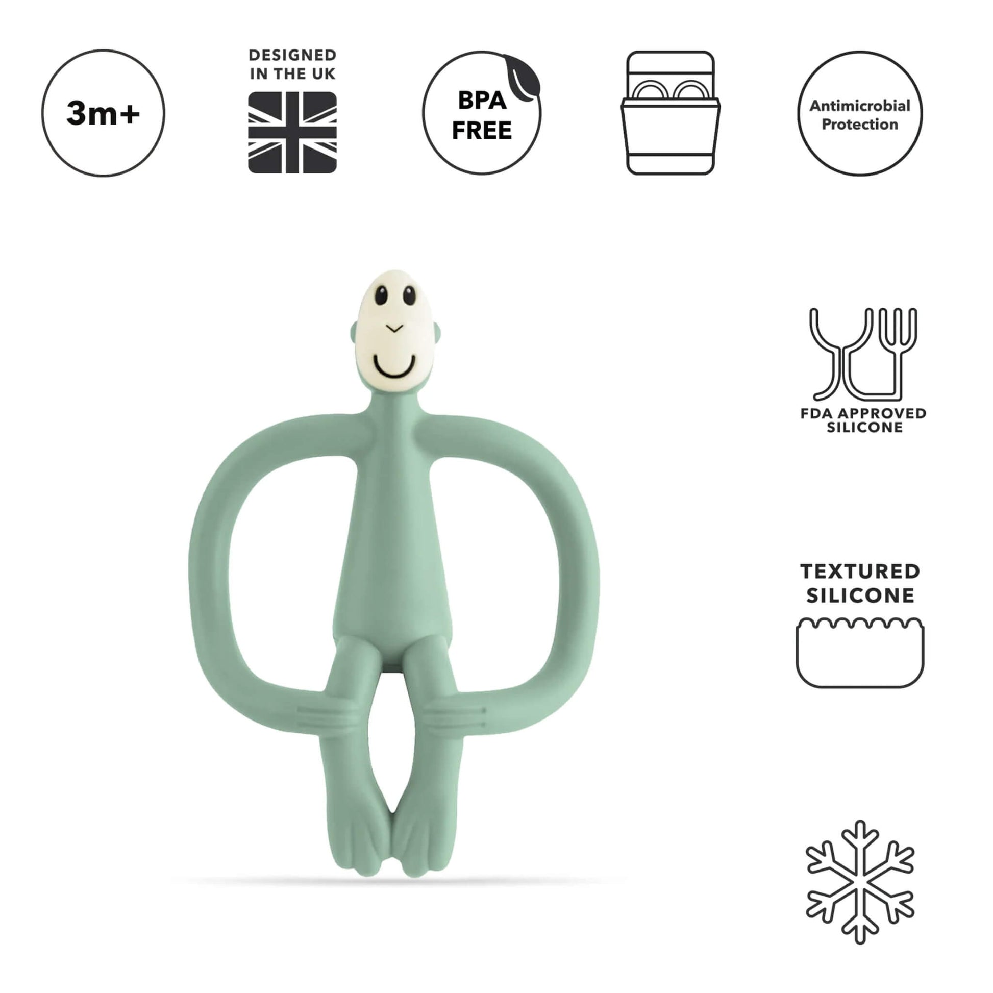 A mint green silicone monkey-shaped teether shown upright beneath icons highlighting age suitability, BPA-free material, dishwasher compatibility, antimicrobial protection and textured silicone details.