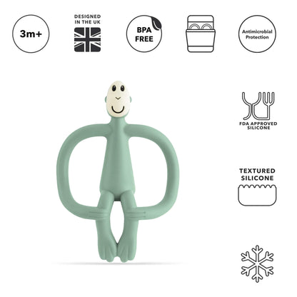 A mint green silicone monkey-shaped teether shown upright beneath icons highlighting age suitability, BPA-free material, dishwasher compatibility, antimicrobial protection and textured silicone details.