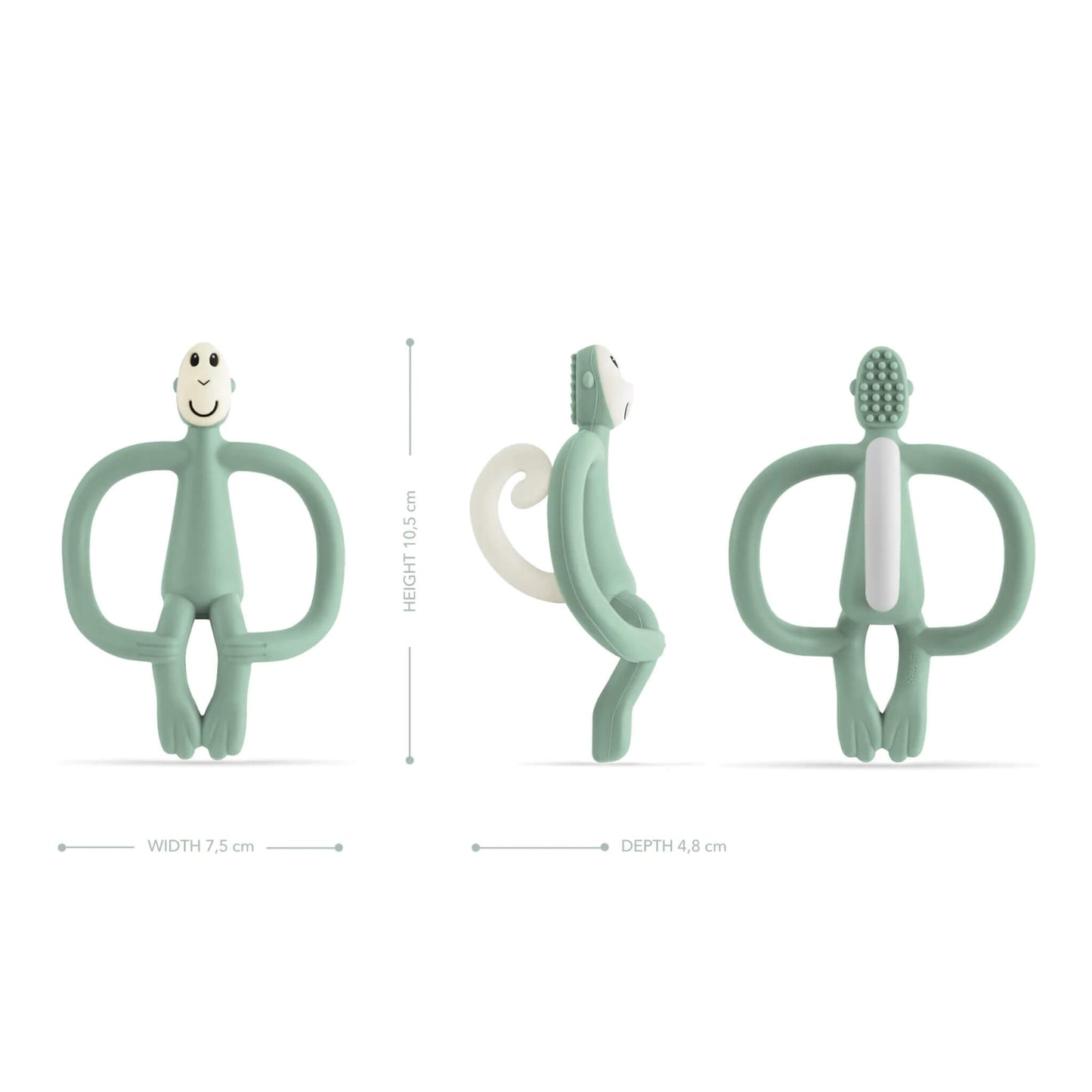 A mint green monkey-shaped teething toy displayed from the front, side and back to show height, width, depth and the textured toothbrush-style bumps on the back of the head.