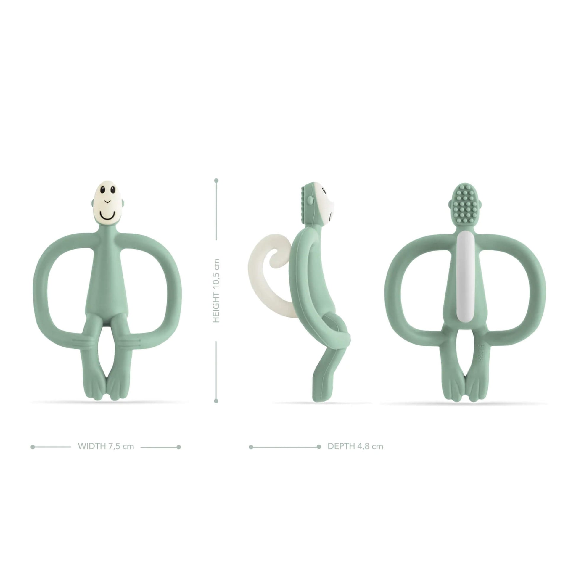 A mint green monkey-shaped teething toy displayed from the front, side and back to show height, width, depth and the textured toothbrush-style bumps on the back of the head.