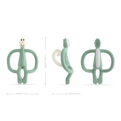 A mint green monkey-shaped teething toy displayed from the front, side and back to show height, width, depth and the textured toothbrush-style bumps on the back of the head.