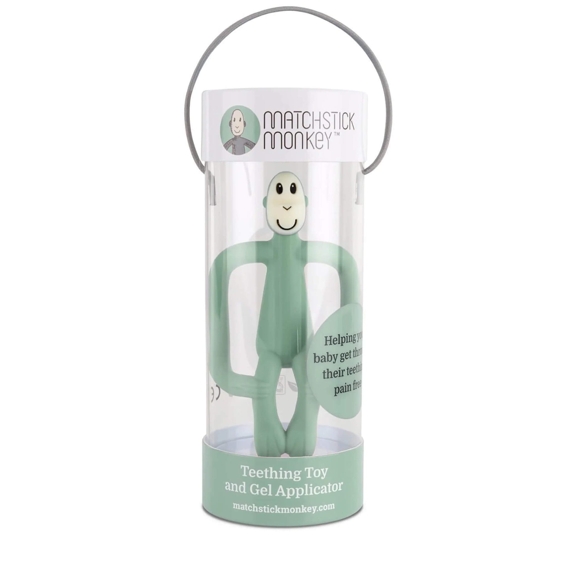A mint green monkey-shaped teething toy packaged vertically inside a clear cylindrical gift tube with a handle.