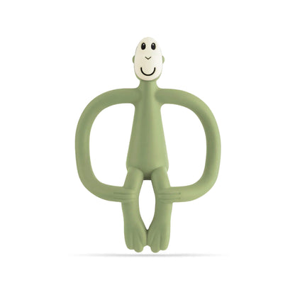 Matchstick Monkey Original Teething Toy in olive shown upright with flexible silicone arms, a smooth silicone body and a textured gel-applicator head on a clean background.