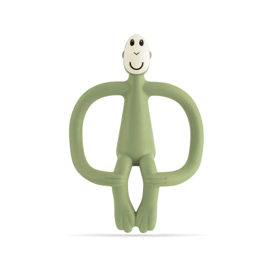 Matchstick Monkey Original Teething Toy in olive shown upright with flexible silicone arms, a smooth silicone body and a textured gel-applicator head on a clean background.