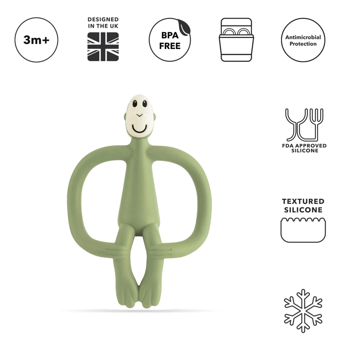 An olive silicone monkey-shaped teething toy shown beneath icons for age suitability, BPA-free material, dishwasher safety, antimicrobial protection, FDA-approved silicone and textured surfaces.