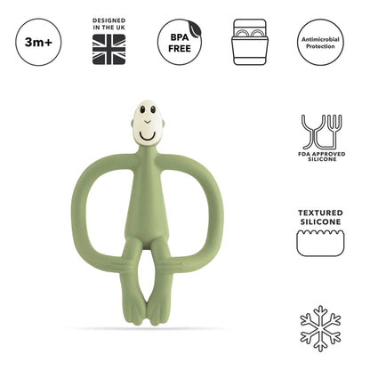 An olive silicone monkey-shaped teething toy shown beneath icons for age suitability, BPA-free material, dishwasher safety, antimicrobial protection, FDA-approved silicone and textured surfaces.
