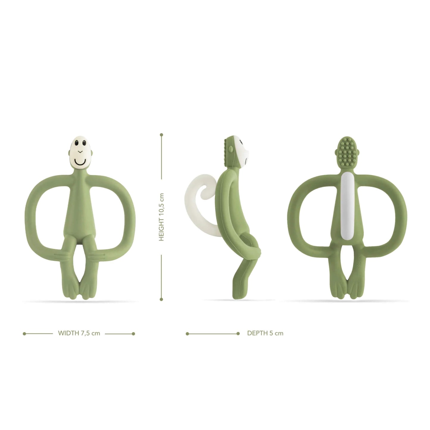 An olive monkey-shaped teether shown from the front, side and back with measurements illustrating height, width and depth.