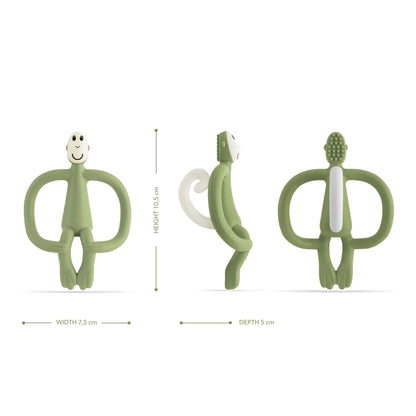 An olive monkey-shaped teether shown from the front, side and back with measurements illustrating height, width and depth.