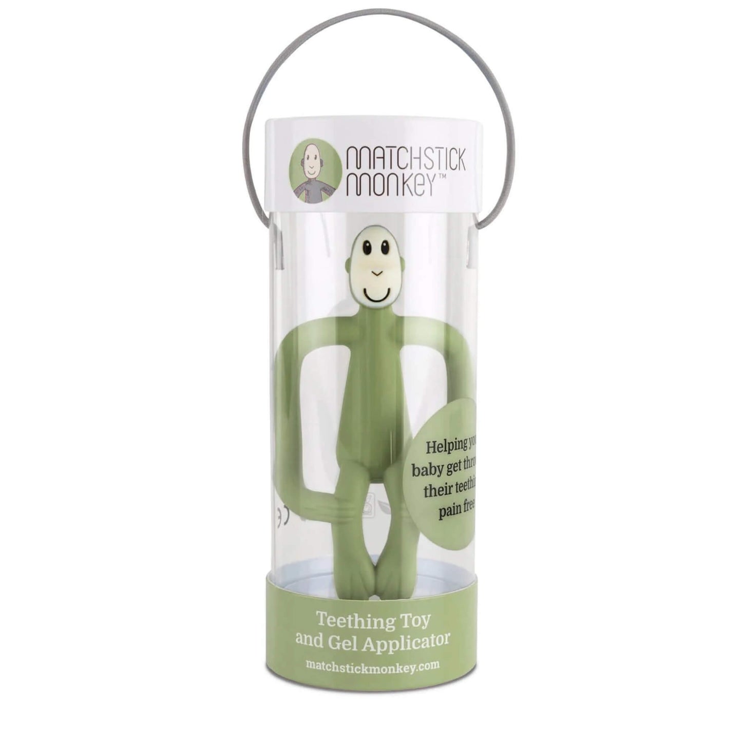 An olive silicone monkey teething toy displayed inside a clear cylindrical box with a carry handle and printed branding.