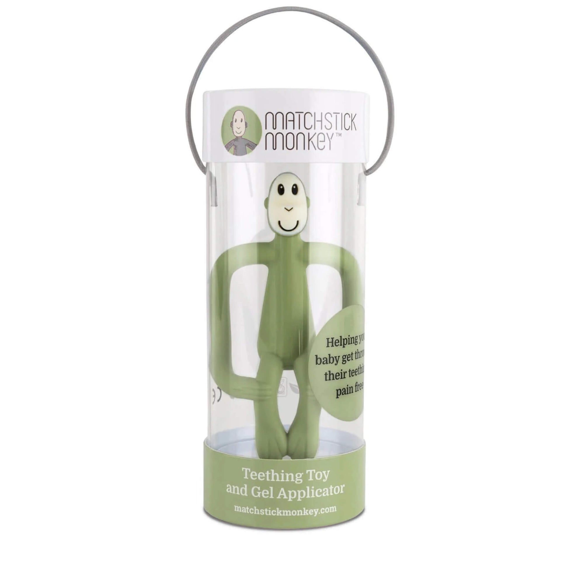 An olive silicone monkey teething toy displayed inside a clear cylindrical box with a carry handle and printed branding.