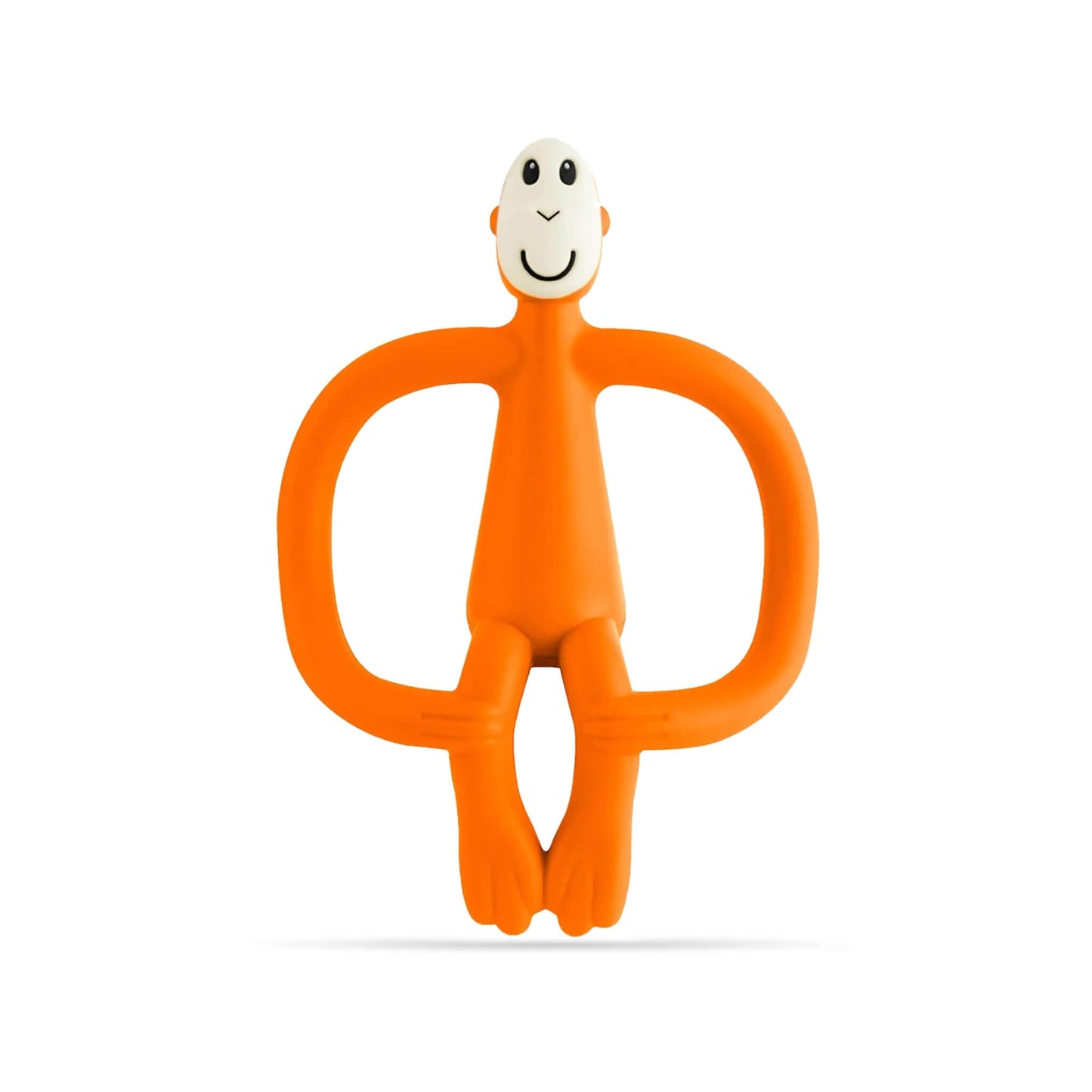 Orange Matchstick Monkey Original Teething Toy shown upright with its wide looped arms, soft flexible legs and smooth rounded head, all made from textured silicone for teething babies.