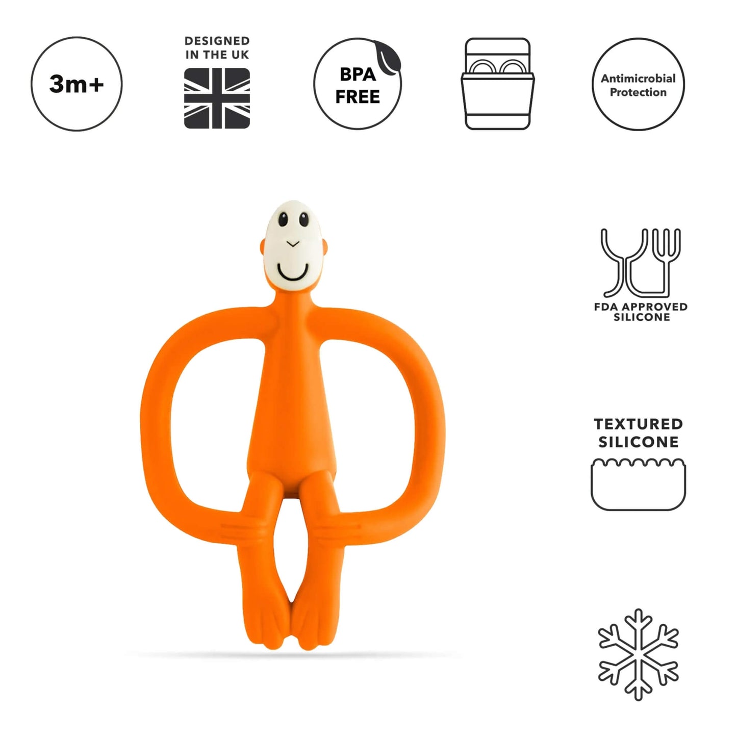 An orange silicone monkey-shaped teether shown upright beneath icons highlighting age suitability, BPA-free material, dishwasher compatibility, antimicrobial protection and textured silicone details.