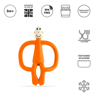 An orange silicone monkey-shaped teether shown upright beneath icons highlighting age suitability, BPA-free material, dishwasher compatibility, antimicrobial protection and textured silicone details.