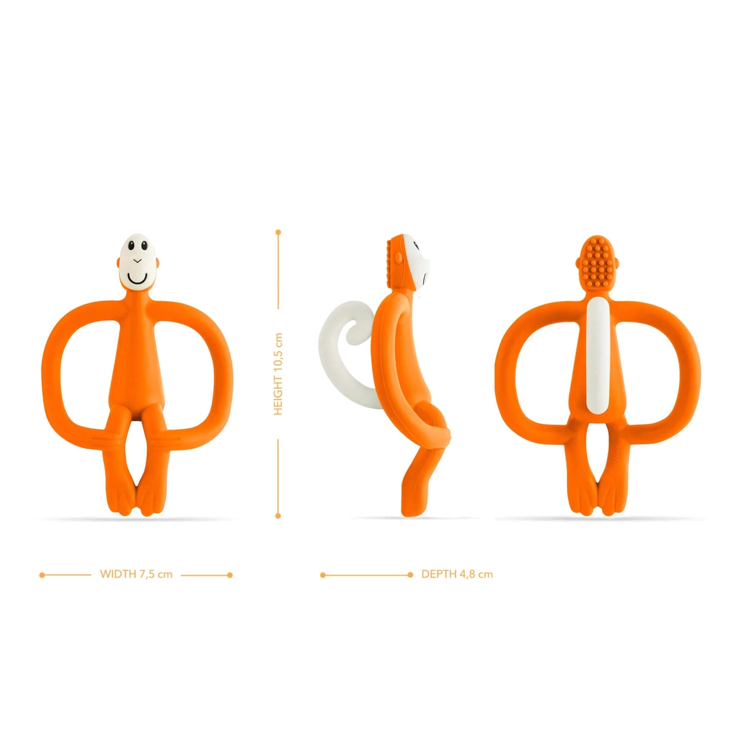 An orange monkey-shaped teething toy displayed from the front, side and back to show height, width, depth and the textured toothbrush-style bumps on the back of the head.