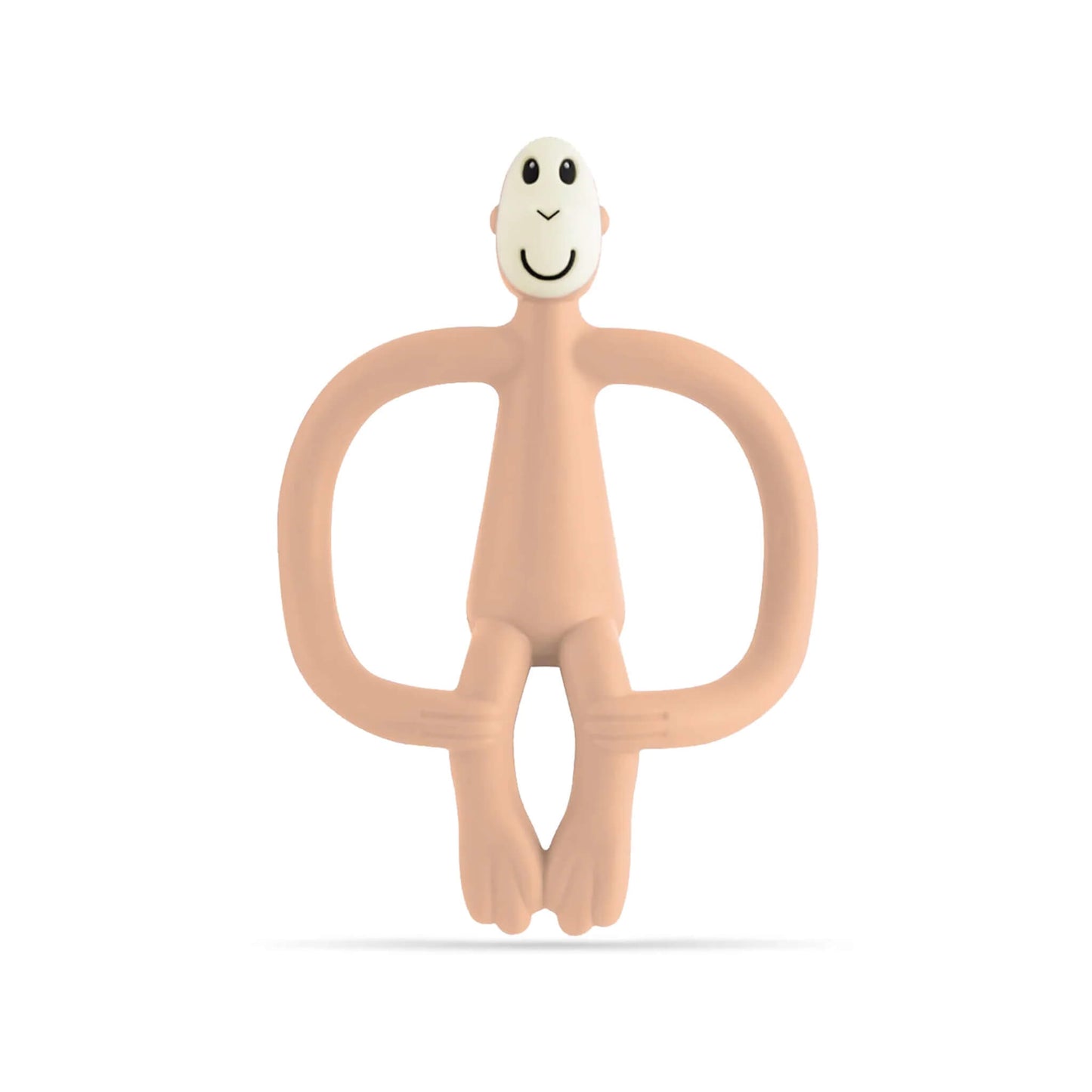 Matchstick Monkey Original Teething Toy in peach shown upright with flexible silicone arms, a smooth silicone body and a textured gel-applicator head on a clean background.