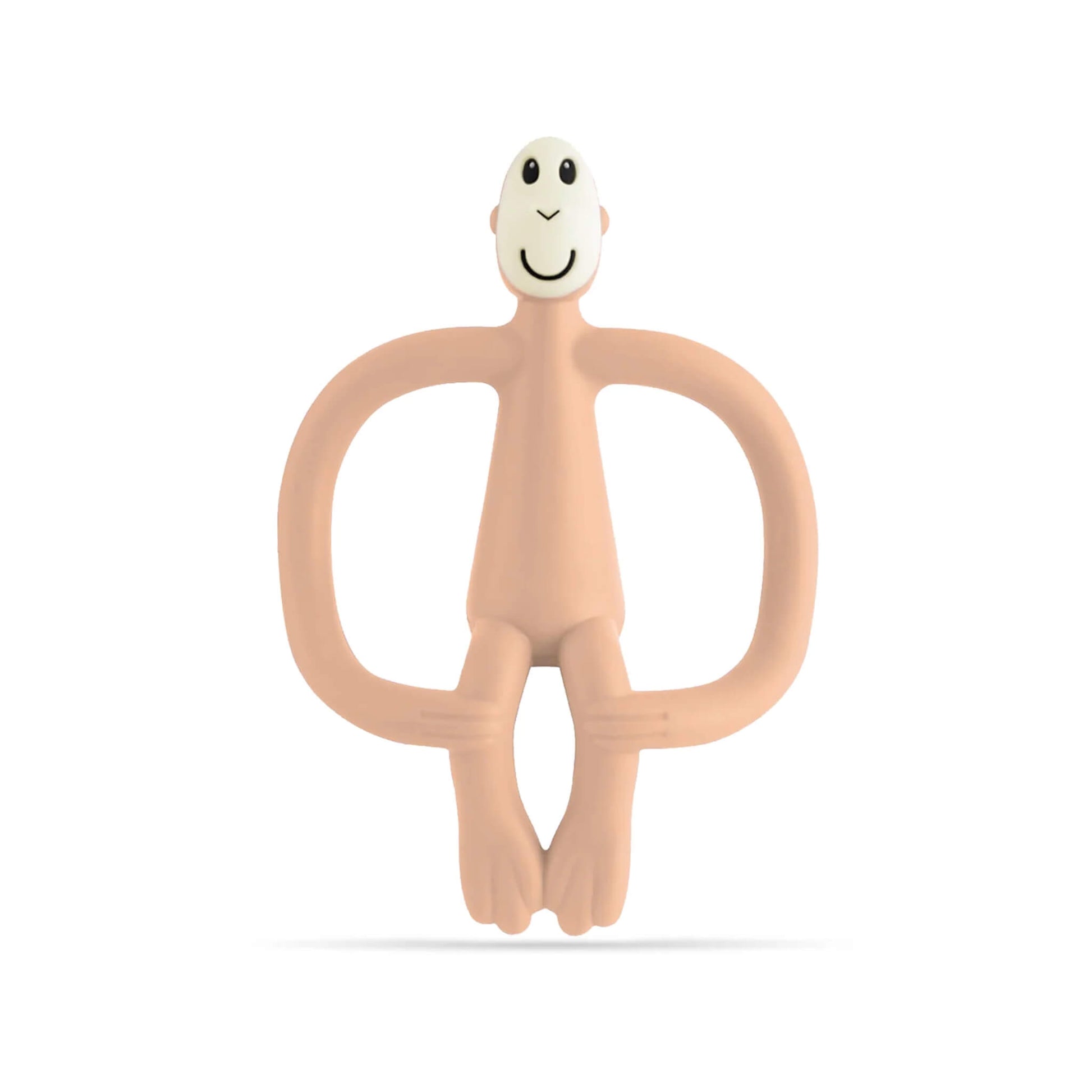 Matchstick Monkey Original Teething Toy in peach shown upright with flexible silicone arms, a smooth silicone body and a textured gel-applicator head on a clean background.