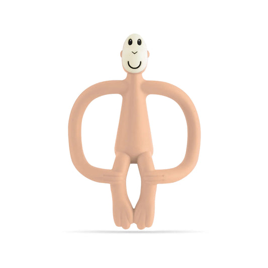 Matchstick Monkey Original Teething Toy in peach shown upright with flexible silicone arms, a smooth silicone body and a textured gel-applicator head on a clean background.
