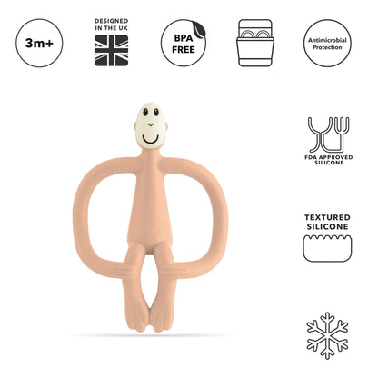 A peach coloured silicone monkey-shaped teething toy shown beneath icons for age suitability, BPA-free material, dishwasher safety, antimicrobial protection, FDA-approved silicone and textured surfaces.