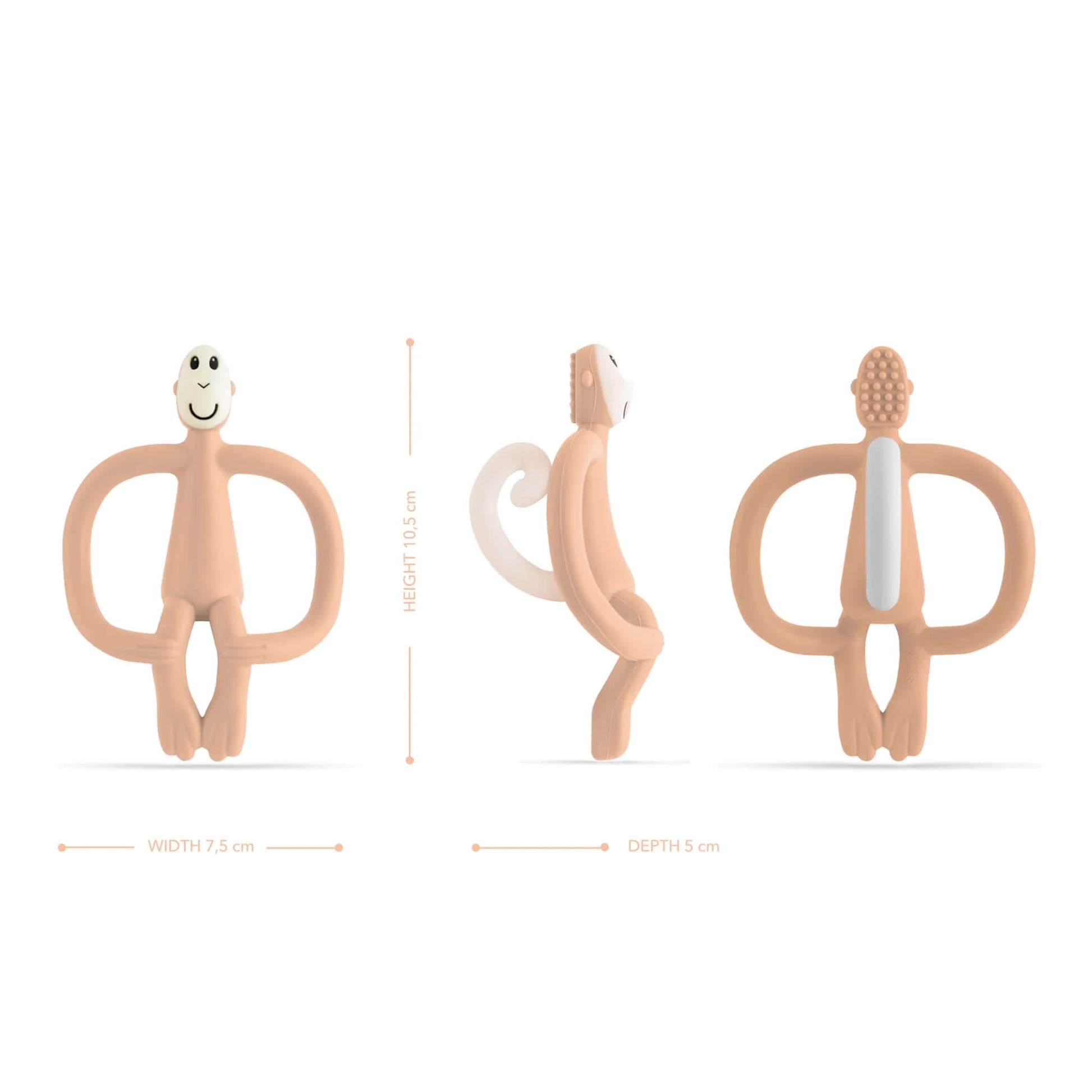 A peach monkey-shaped teether shown from the front, side and back with measurements illustrating height, width and depth.
