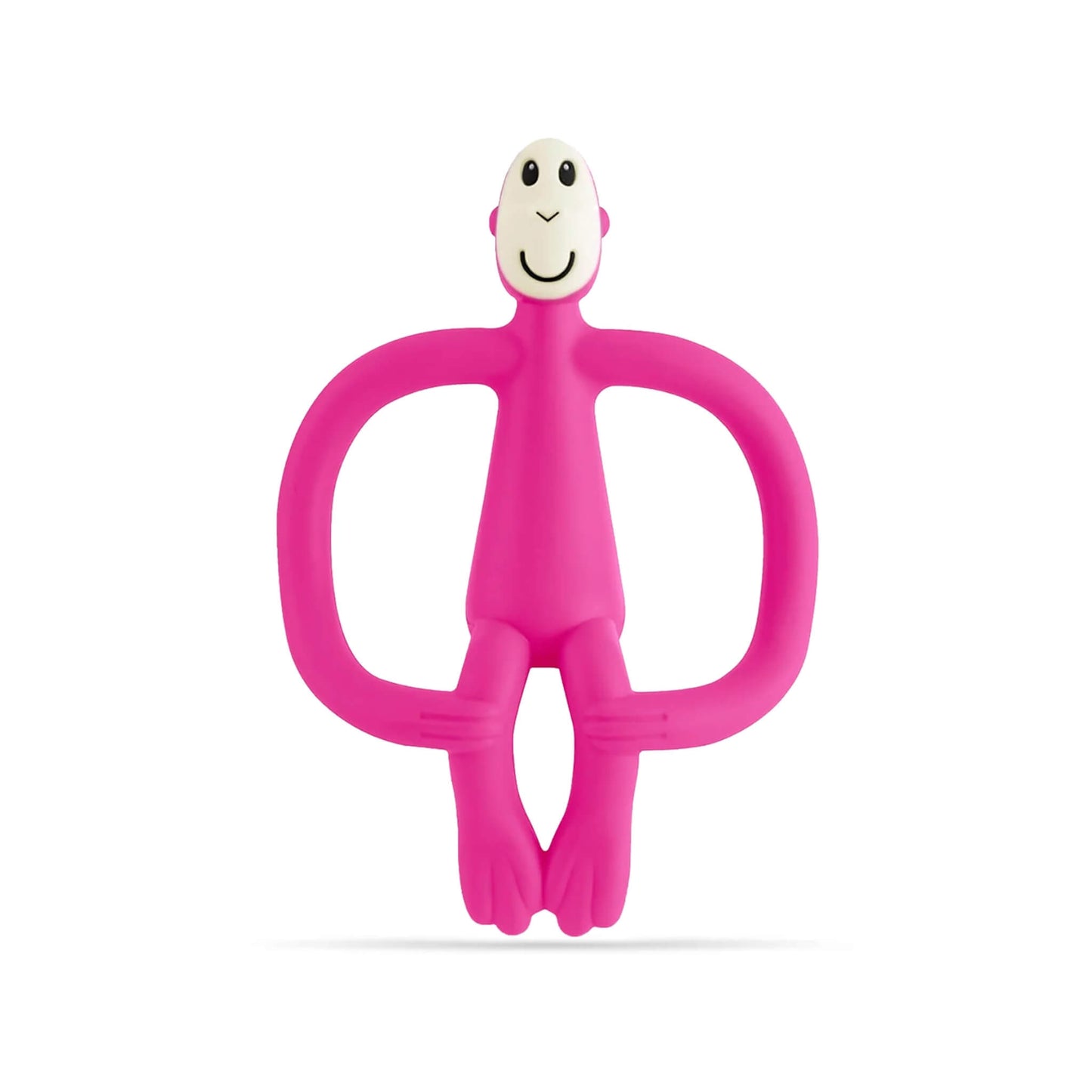 Pink Matchstick Monkey Original Teething Toy shown upright with its wide looped arms, soft flexible legs and smooth rounded head, all made from textured silicone for teething babies.