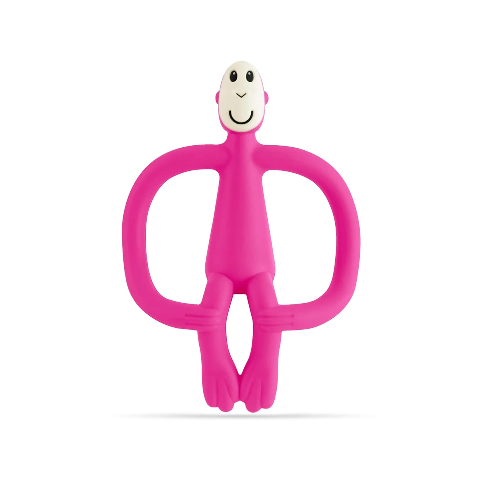 Pink Matchstick Monkey Original Teething Toy shown upright with its wide looped arms, soft flexible legs and smooth rounded head, all made from textured silicone for teething babies.