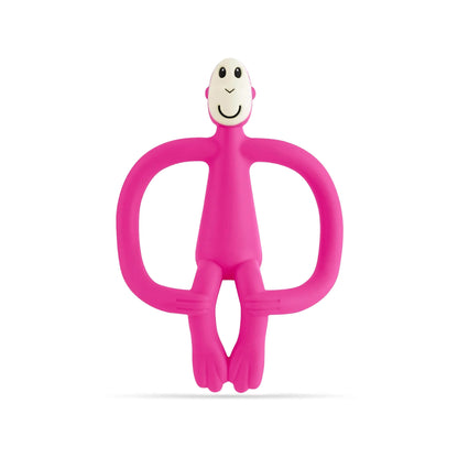 Pink Matchstick Monkey Original Teething Toy shown upright with its wide looped arms, soft flexible legs and smooth rounded head, all made from textured silicone for teething babies.