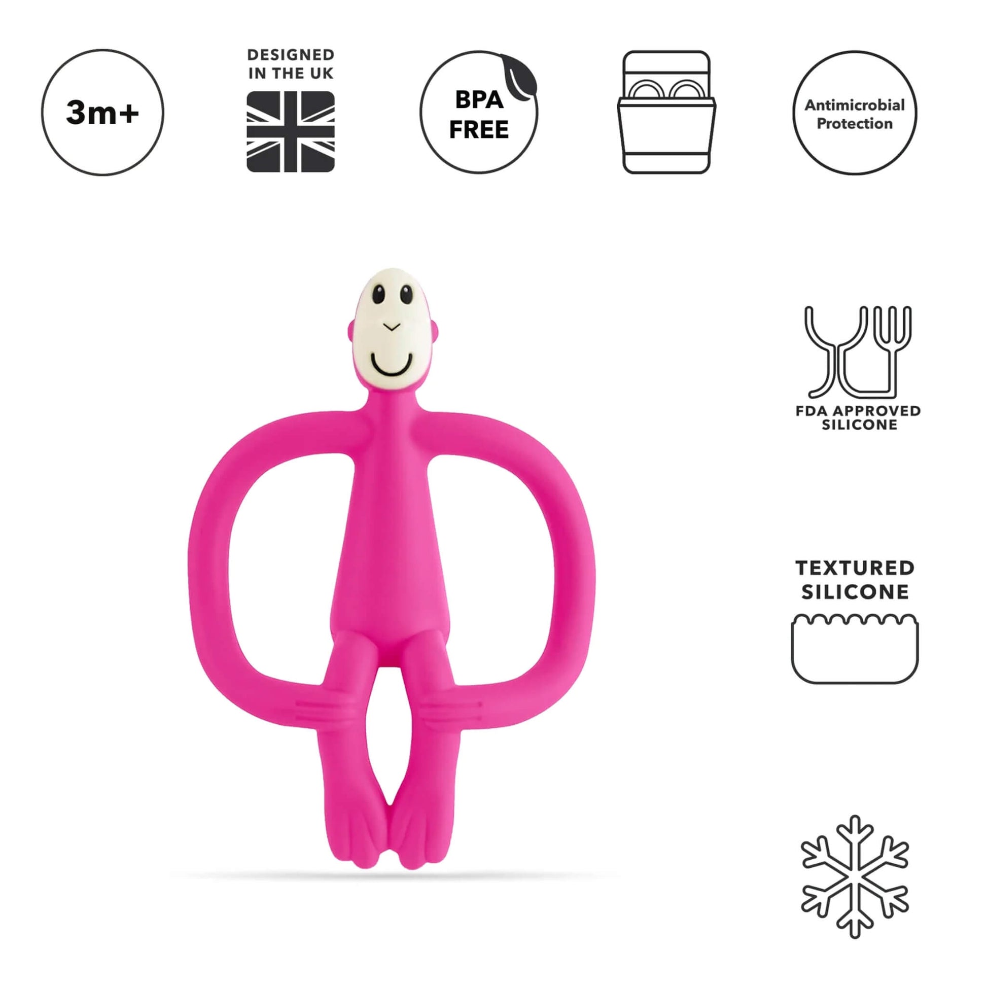 A pink silicone monkey-shaped teether shown upright beneath icons highlighting age suitability, BPA-free material, dishwasher compatibility, antimicrobial protection and textured silicone details.