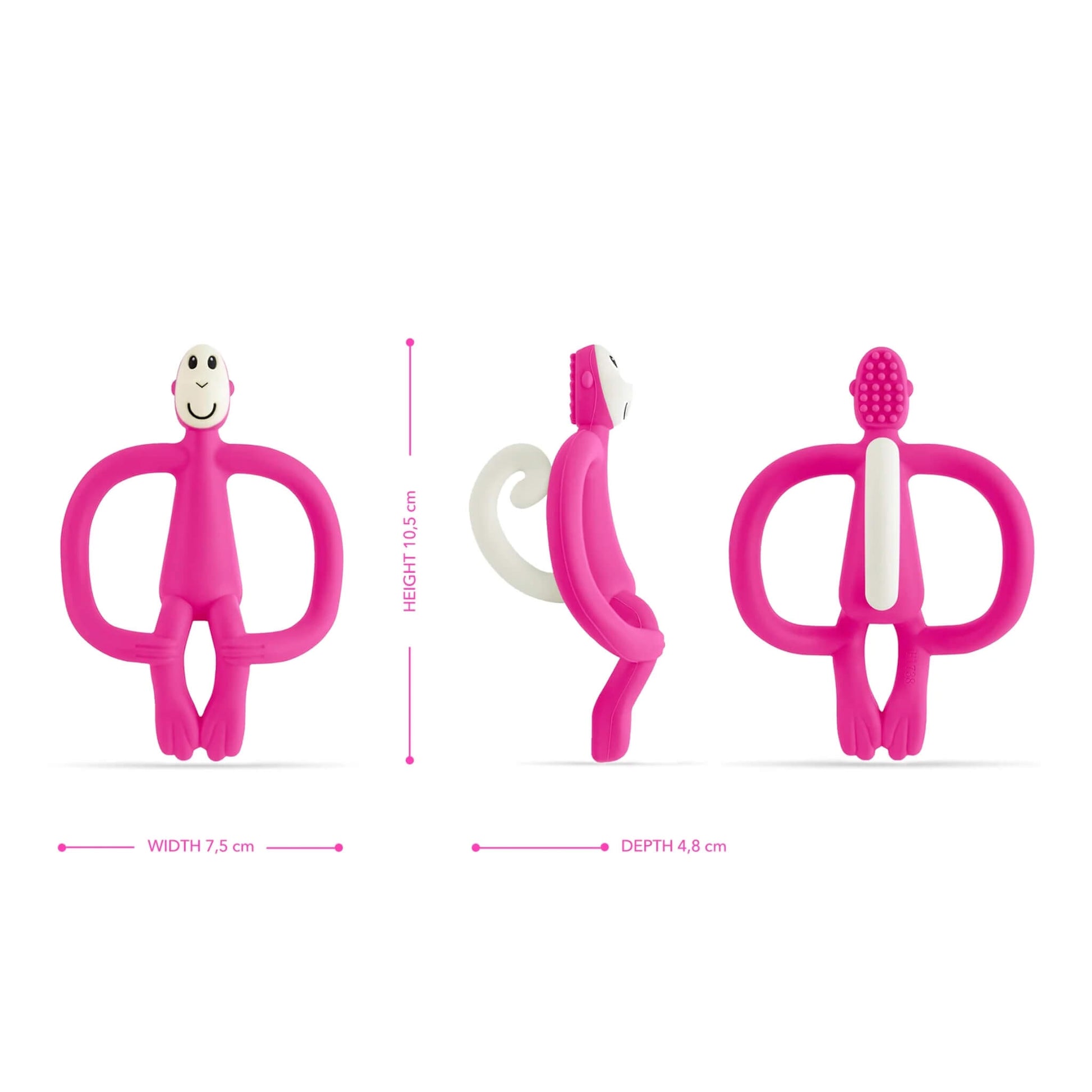 A pink monkey-shaped teething toy displayed from the front, side and back to show height, width, depth and the textured toothbrush-style bumps on the back of the head.