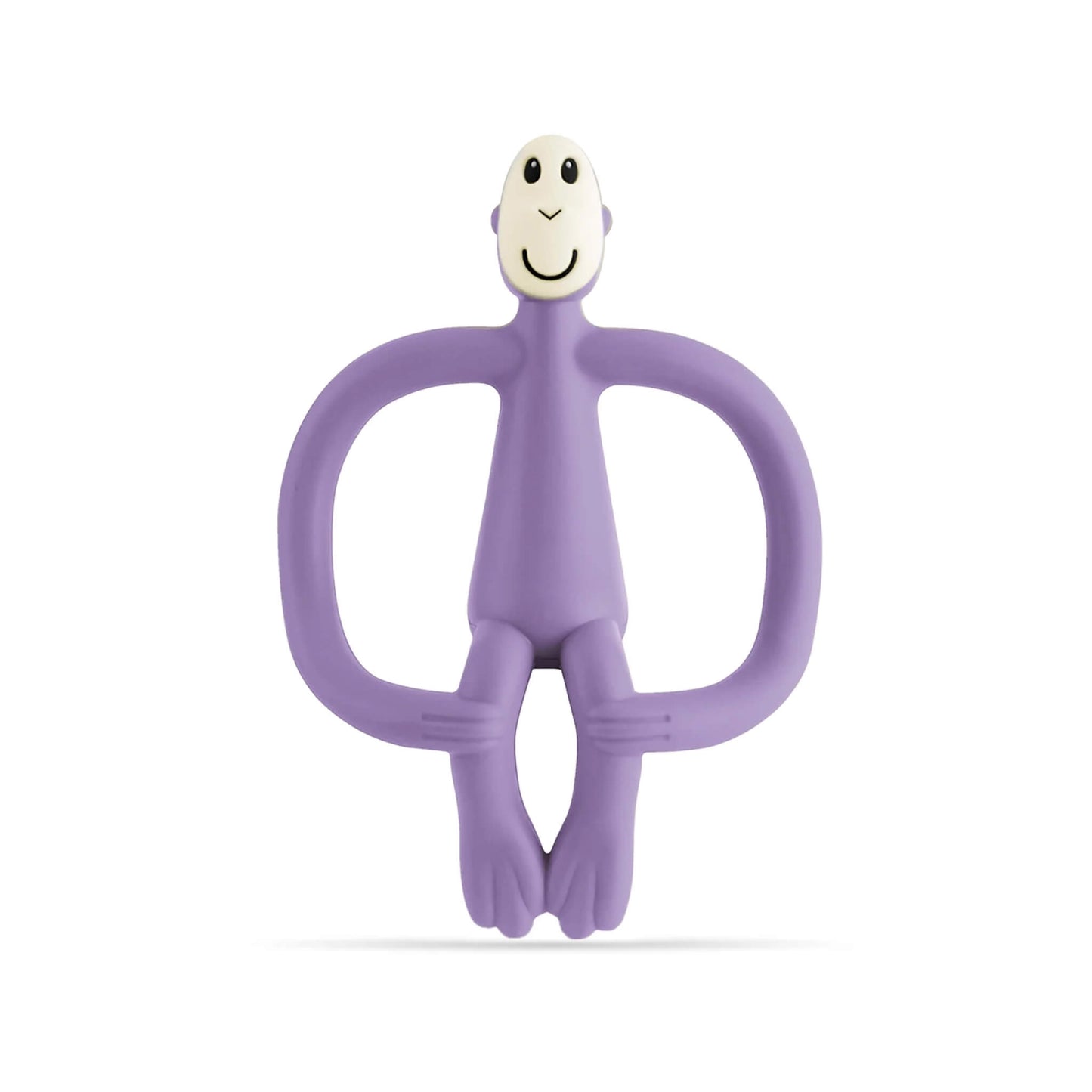 Matchstick Monkey Original Teething Toy in purple shown upright with wide looped arms and a smiling face, designed for baby teething relief.