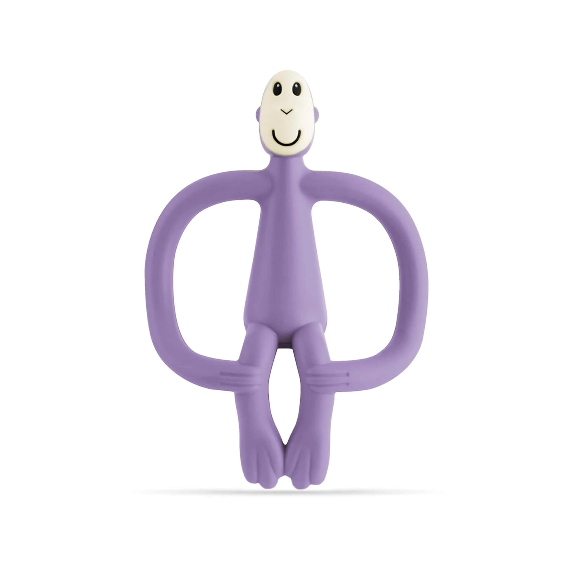 Matchstick Monkey Original Teething Toy in purple shown upright with wide looped arms and a smiling face, designed for baby teething relief.