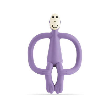 Matchstick Monkey Original Teething Toy in purple shown upright with wide looped arms and a smiling face, designed for baby teething relief.