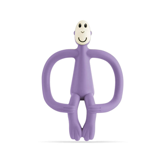 Matchstick Monkey Original Teething Toy in purple shown upright with wide looped arms and a smiling face, designed for baby teething relief.