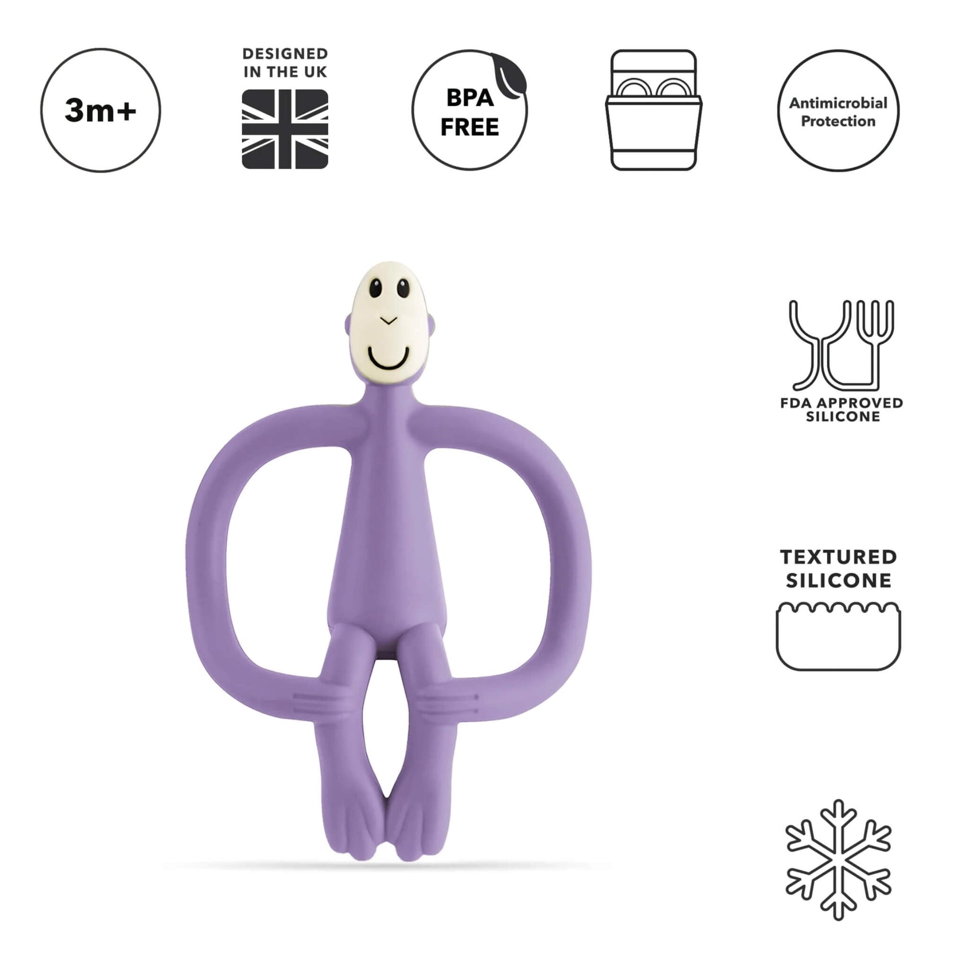 A purple silicone monkey-shaped teether shown upright with small product icons above it indicating BPA-free material, antimicrobial protection and dishwasher compatibility.