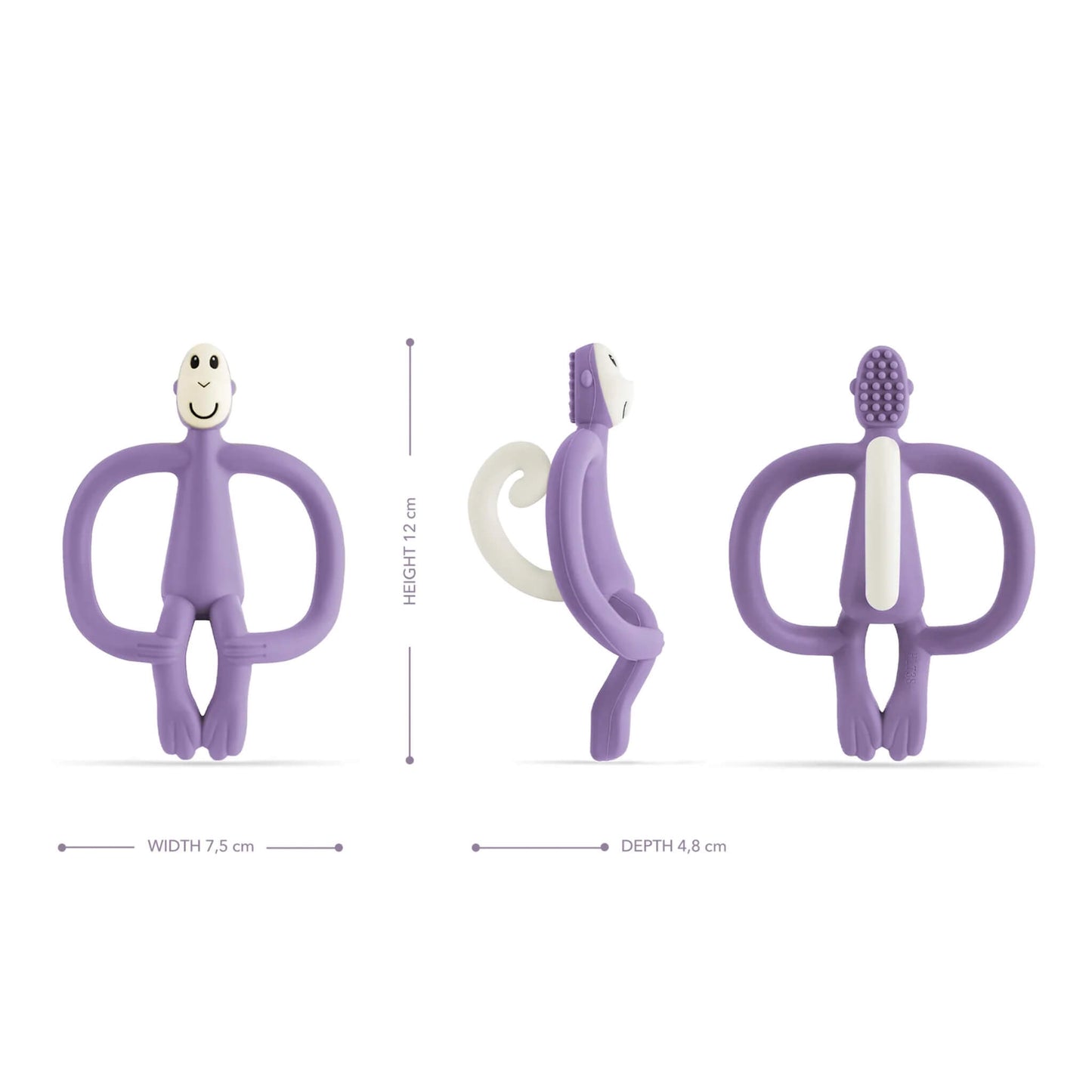 A set of three views of a purple monkey-shaped teething toy, showing the front, side profile with a curled tail, and the textured applicator bumps on the back of the head.